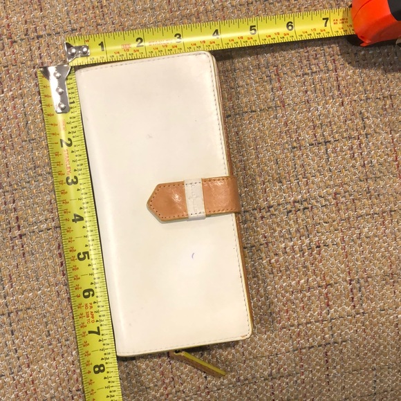 COLE HAAN Ivory Calfskin & Vachetta Leather Long Bifold Wallet Turquoise Lining - Picture 4 of 17